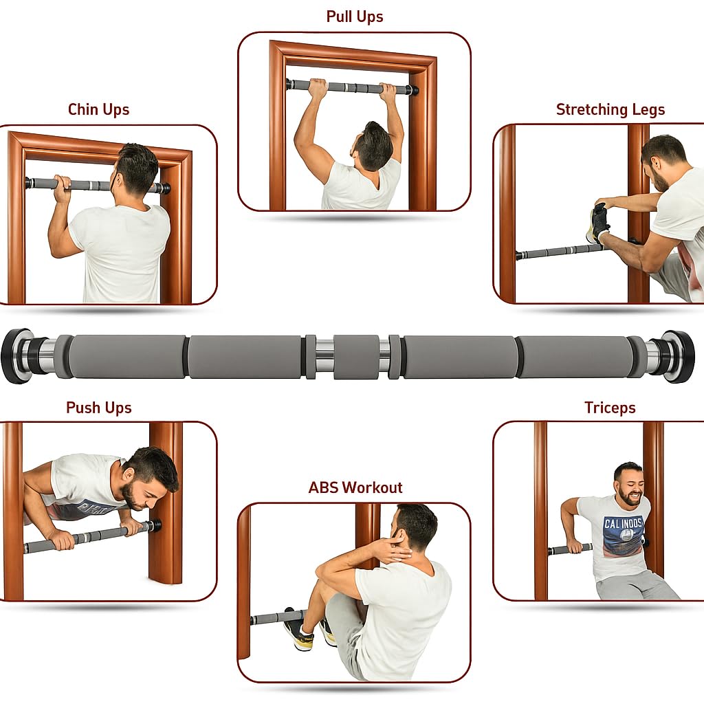 Adjustable Doorway Pull Up Bar | Chrome Steel | Multi-Use Home Gym Equipment for Pull Ups, Chin Ups, Push Ups, Core Training, Workout, Height Increase | Suitable for Kids and Adults