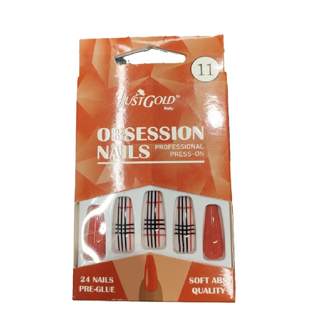 Girls Ladies Nails Set – 24 Pre-Glued Press-On Nails | Soft ABS Quality | Long Lasting, Easy to Apply, Stylish Plaid Design