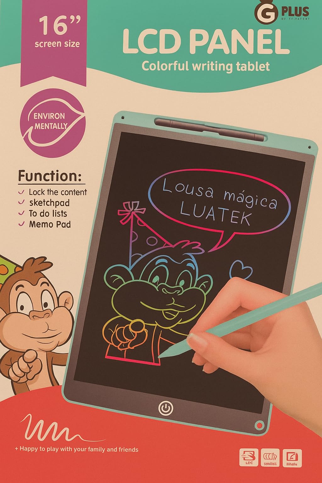 Colorful Writing Tablet LCD 16 inch screen for Kids, Drawing Board, Electronic Digital Notepad with Stylus Pen, Lock and Erase Functions, Home School and Nursery Supplies