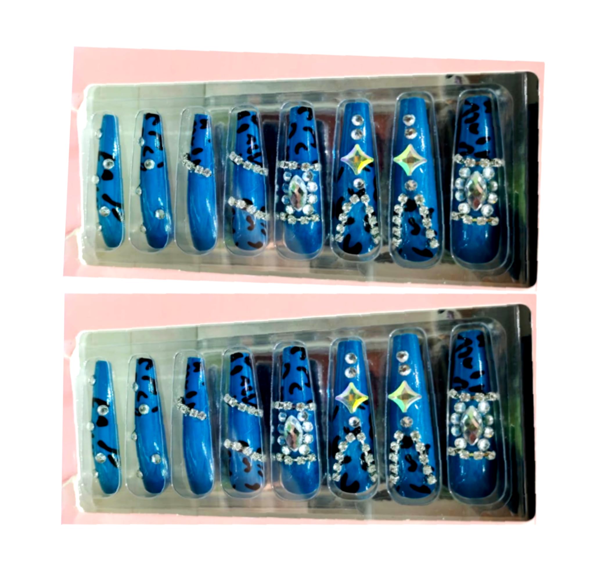 Blue Press On Nails with Rhinestones & Print, Fake Glitter Party Fashion Nails, Reusable Acrylic Nail Tips for Women & Girls, Salon Quality - PACK OF 2 SETS (24 Pcs Each)
