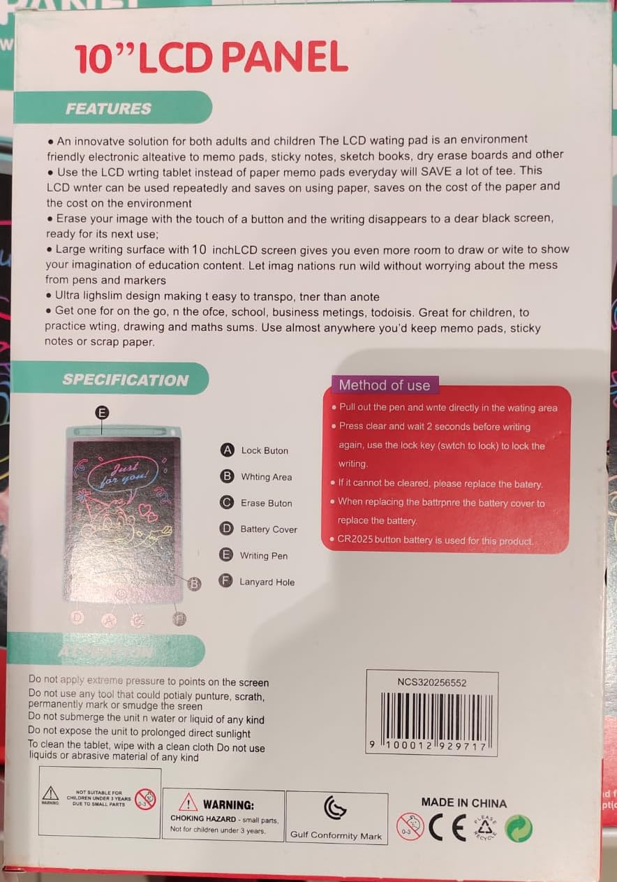 Colorful Writing Tablet LCD 10 inch screen for Kids, Drawing Board, Electronic Digital Notepad with Stylus Pen, Lock and Erase Functions, Home School and Nursery Supplies