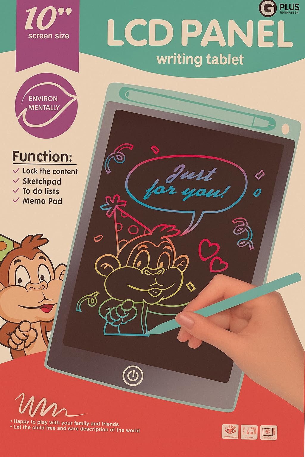 Colorful Writing Tablet LCD 10 inch screen for Kids, Drawing Board, Electronic Digital Notepad with Stylus Pen, Lock and Erase Functions, Home School and Nursery Supplies