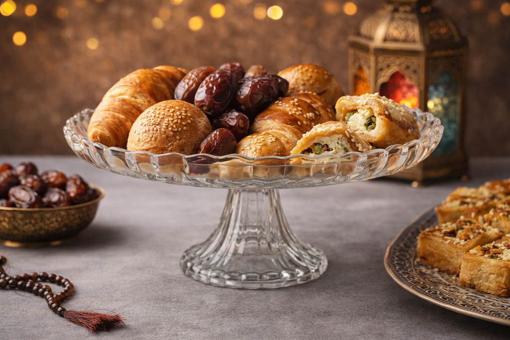 Elegant Clear Glass Pedestal Serving Platter – Decorative Cake & Iftar Snack Display Plate