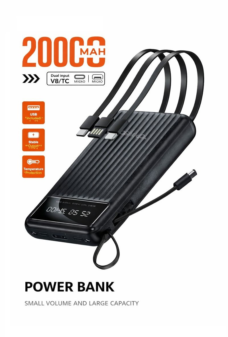 20000mAh Power Bank with Built-in Cables Dual Input