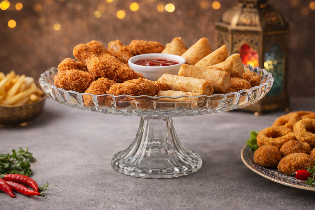 Elegant Clear Glass Pedestal Serving Platter – Decorative Cake & Iftar Snack Display Plate