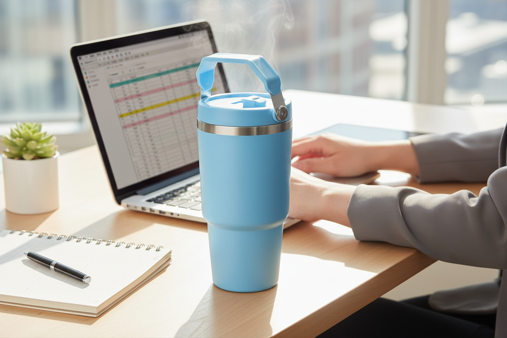 Blue tumbler at office desk