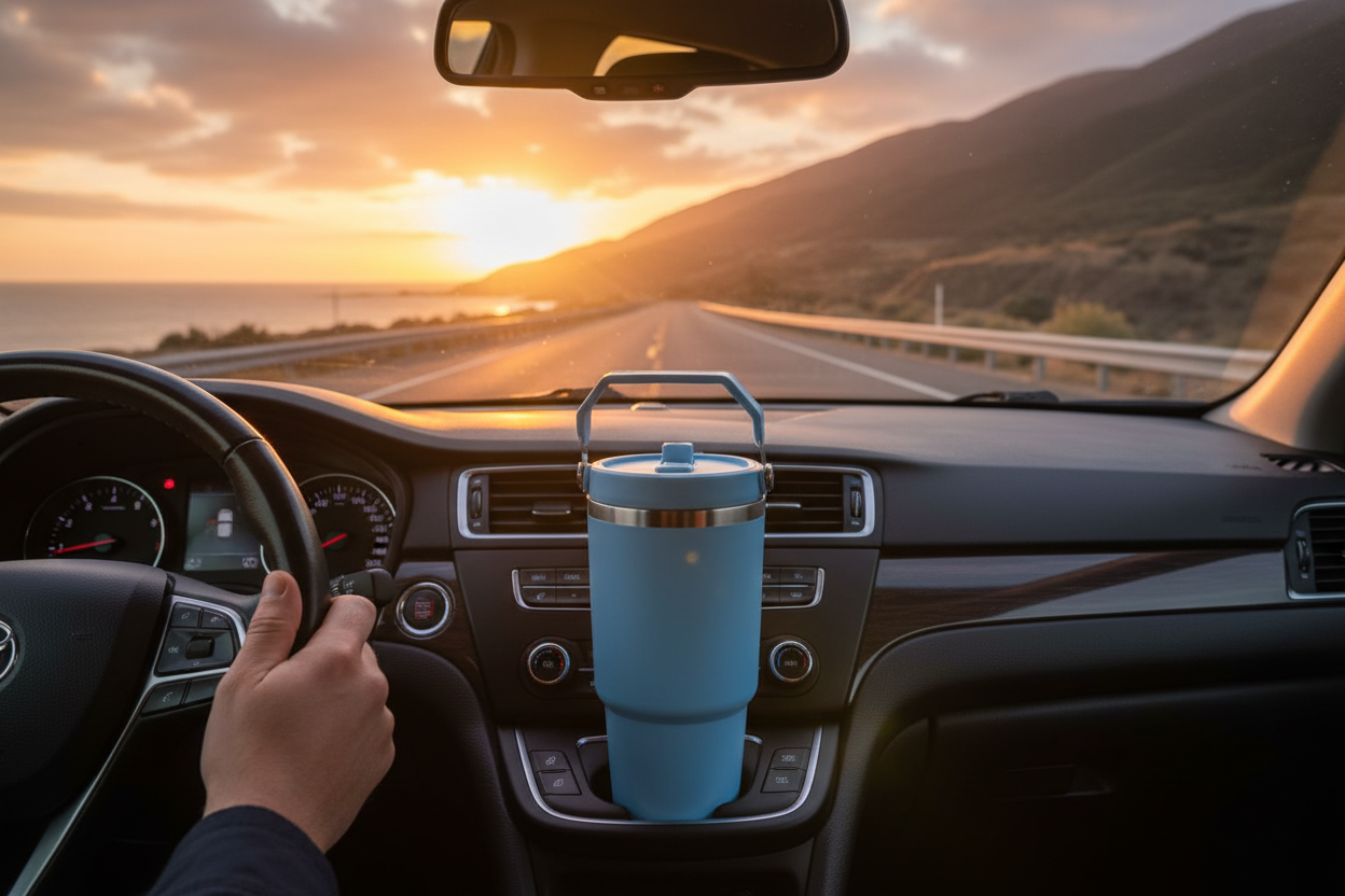 Blue tumbler in car during road trip