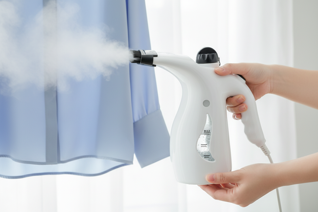 Close-up of steamer removing wrinkles