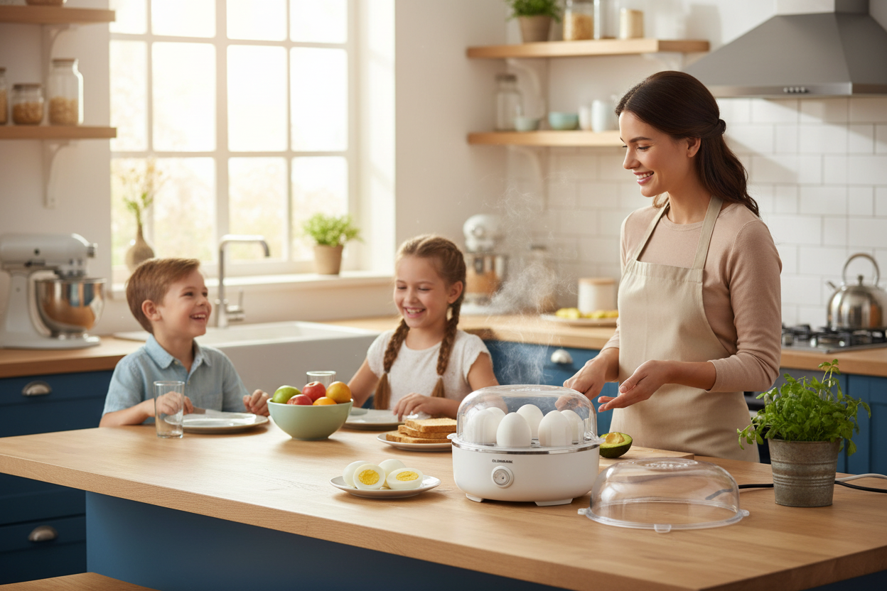 Electric egg cooker during family cooking time