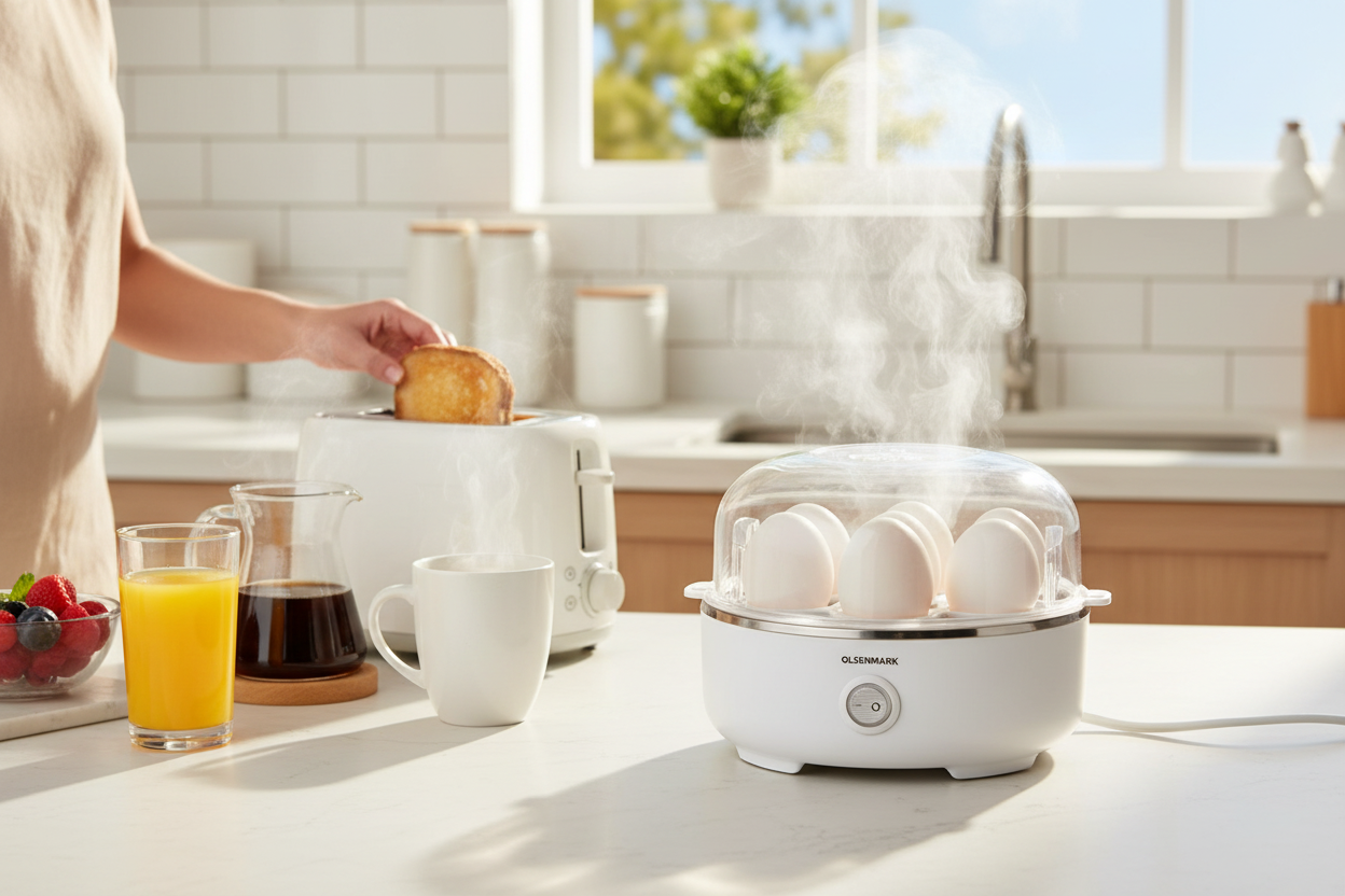 Electric egg cooker in morning breakfast scene