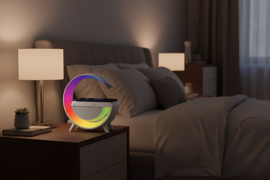 LED speaker on bedroom nightstand