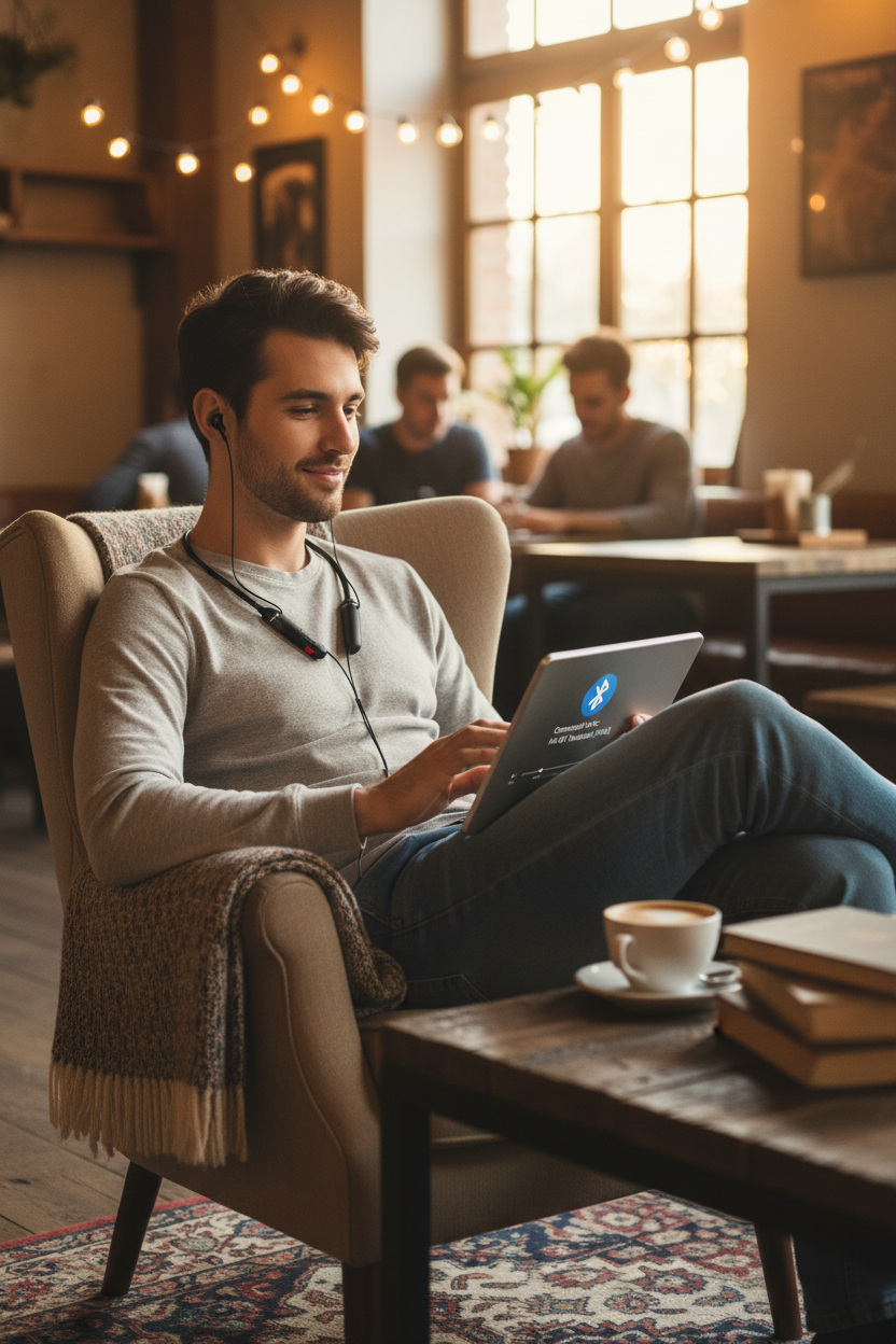 Person relaxing with neckband earphones