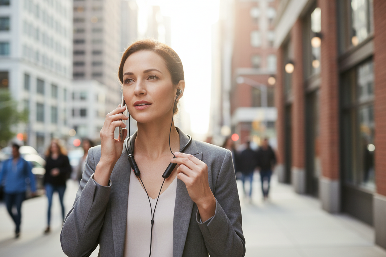 Person using neckband earphones for phone call