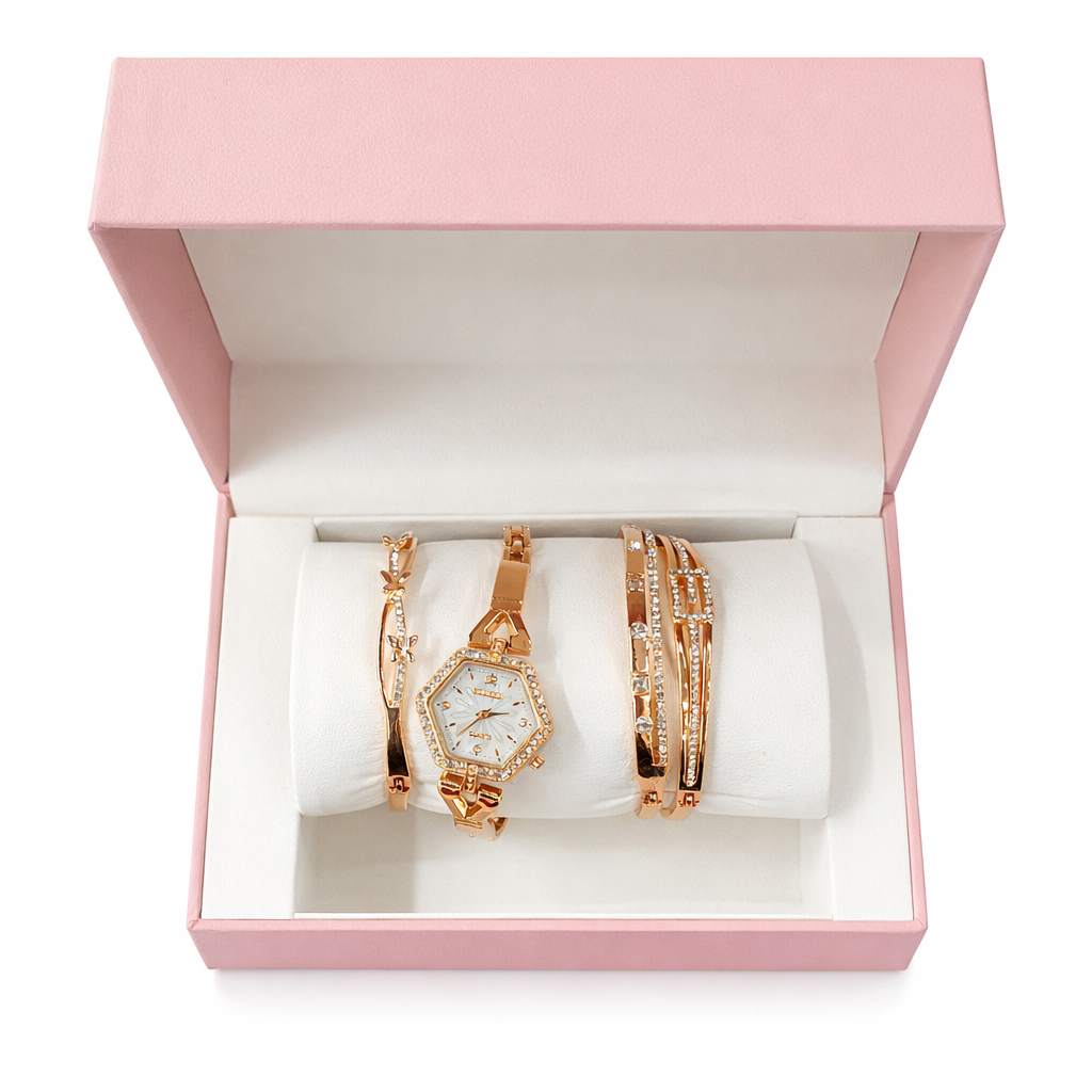 Luxury Rose Gold Women’s Watch & Bracelet Set – Hexagon Crystal Dial Wrist Watch with 3 Matching Bangles – Elegant Gift Box Set for Women