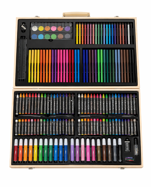 Art & Craft Set for Kids & Adults – Deluxe 180 Pcs Drawing and Painting Kit – Wooden Case with Colored Pencils, Oil Pastels, Watercolor Cakes, Sketch Pencils, Paints, Brushes & Accessories
