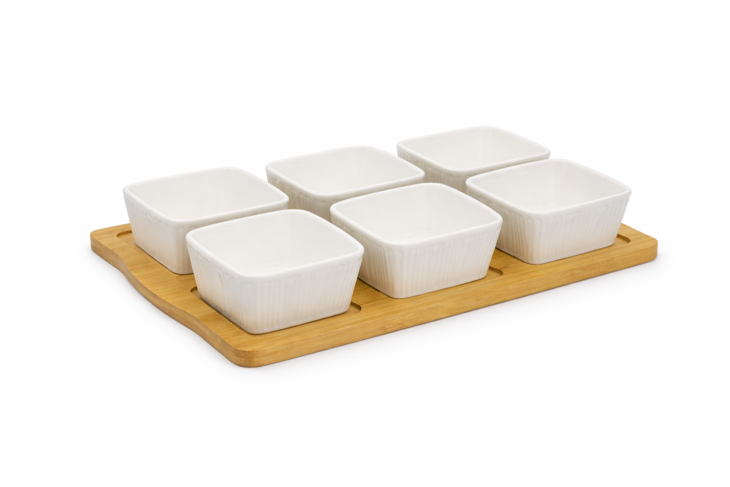 7-Piece Ceramic Square Bowl Set – White Ramekins for Dips, Sauces, Snacks & Sweet dish