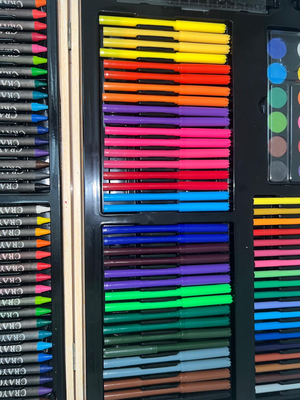 Art & Craft Set for Kids & Adults – Deluxe 180 Pcs Drawing and Painting Kit – Wooden Case with Colored Pencils, Oil Pastels, Watercolor Cakes, Sketch Pencils, Paints, Brushes & Accessories