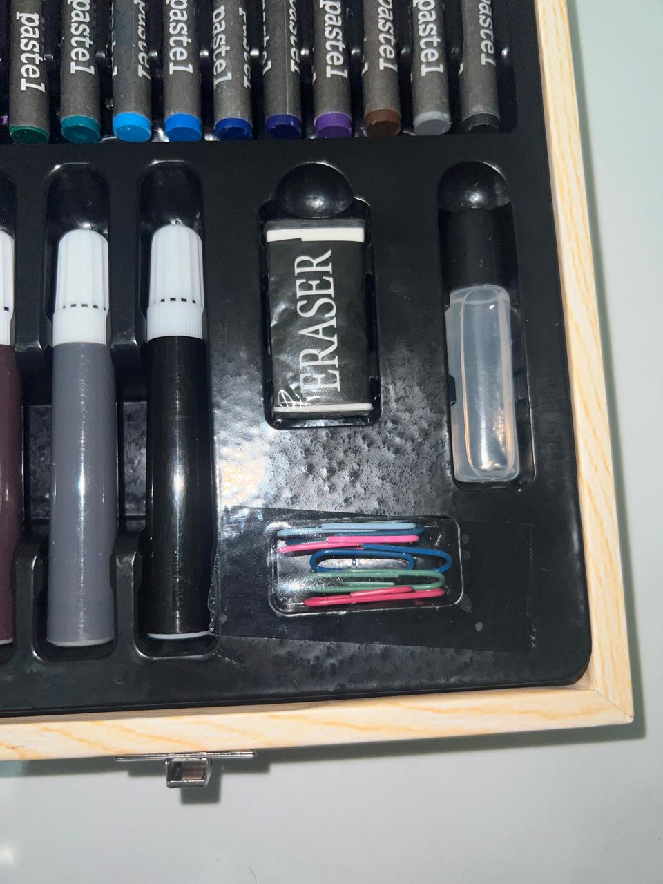 Art & Craft Set for Kids & Adults – Deluxe 180 Pcs Drawing and Painting Kit – Wooden Case with Colored Pencils, Oil Pastels, Watercolor Cakes, Sketch Pencils, Paints, Brushes & Accessories