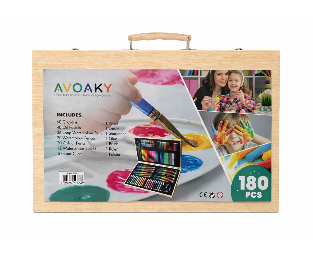 Art & Craft Set for Kids & Adults – Deluxe 180 Pcs Drawing and Painting Kit – Wooden Case with Colored Pencils, Oil Pastels, Watercolor Cakes, Sketch Pencils, Paints, Brushes & Accessories