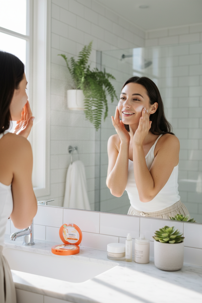 Woman applying Vitamin C essence in bathroom