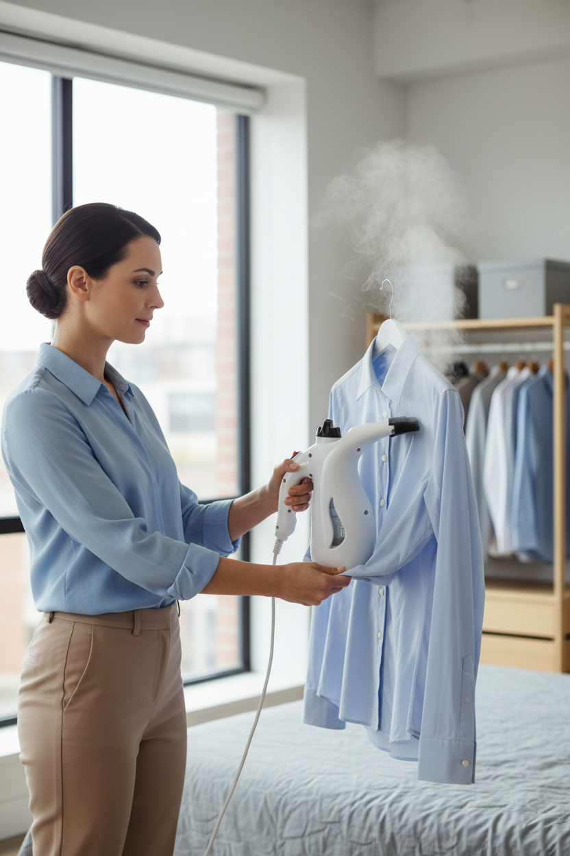 Woman using garment steamer on dress shirt