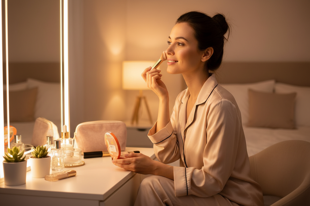 Woman using Vitamin C essence at vanity